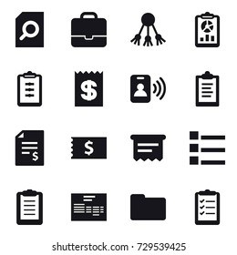 16 vector icon set : search document, portfolio, share, report, clipboard, receipt, pass card, account balance, atm receipt, list, clipboard list