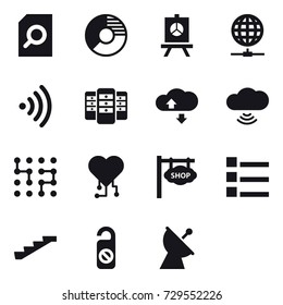 16 vector icon set : search document, circle diagram, presentation, globe connect, wireless, server, cloude service, cloud wireless, chip, cardio chip, shop signboard, list, stairs, do not distrub