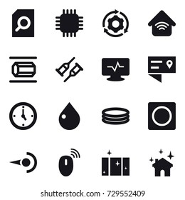 16 vector icon set : search document, chip, around gear, wireless home, nanotube, watch, drop, inflatable pool, ring button, clean  window, house cleaning