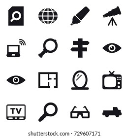 16 vector icon set : search document, globe, marker, telescope, notebook wireless, magnifier, singlepost, plan, mirror, tv, pickup
