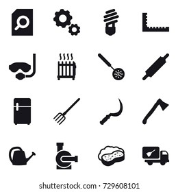 16 vector icon set : search document, gear, bulb, ruler, diving mask, radiator, skimmer, rolling pin, fork, sickle, axe, watering can, water pump, sponge with foam, home call cleaning