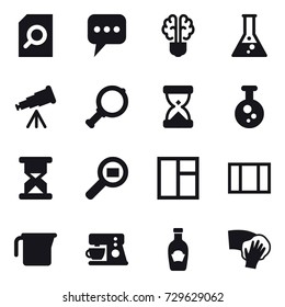 16 vector icon set : search document, message, bulb brain, flask, telescope, magnifier, window, measuring cup, wiping