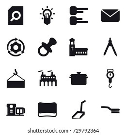 16 vector icon set : search document, bulb, diagram, mail, around gear, nipple, church, drawing compass, pan, handle scales, sponge, scoop, brush