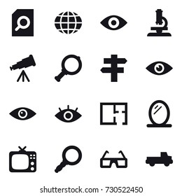 16 vector icon set : search document, globe, eye, microscope, telescope, magnifier, singlepost, plan, mirror, tv, pickup