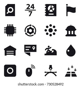 16 vector icon set : search document, 24/7, annual report, flag, chip, around gear, round around, goverment house, garage, surfer, drop, ring button, clean floor