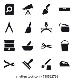 16 vector icon set : search document, telescope, construction, level, drawing compass, broom, steam pan, mortar, scissors, bucket, pruner, scraper, toilet brush, iron
