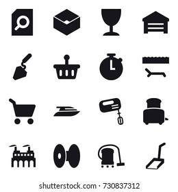 16 vector icon set : search document, box, wineglass, garage, construction, lounger, cart, yacht, mixer, toaster, vacuum cleaner, scoop