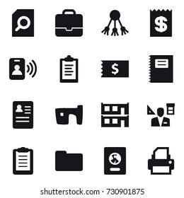 16 vector icon set : search document, portfolio, share, receipt, pass card, clipboard, copybook, slum, modular house, architector, passport