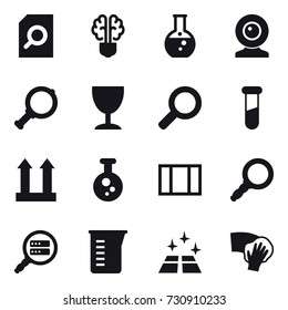 16 vector icon set : search document, bulb brain, round flask, web cam, magnifier, wineglass, window, measuring cup, clean floor, wiping