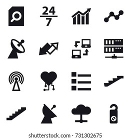 16 vector icon set : search document, 24/7, diagram, graph, satellite antenna, up down arrow, notebook connect, server, antenna, cardio chip, list, stairs, do not distrub
