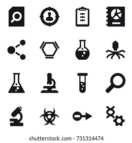 16 vector icon set : search document, target audience, clipboard, annual report, molecule, hex molecule, round flask, virus, flask, microscope, vial