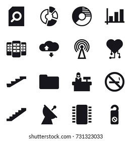 16 vector icon set : search document, circle diagram, graph, server, cloude service, antenna, cardio chip, stairs, reception, no smoking, satellite antenna, do not distrub