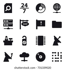 16 vector icon set : search document, 24/7, circle diagram, globe connect, server, shop signboard, reception, do not distrub