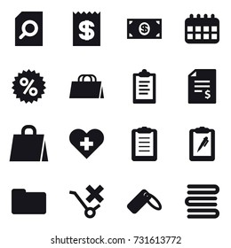 16 vector icon set : search document, receipt, money, calendar, percent, shopping bag, clipboard, account balance, towels