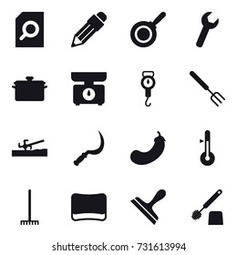 16 vector icon set : search document, pencil, pan, kitchen scales, handle scales, big fork, soil cutter, sickle, eggplant, thermometer, rake, sponge, scraper, toilet brush