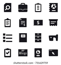 16 vector icon set : search document, portfolio, clipboard, annual report, account balance, receipt, atm receipt, list, copybook, slum, passport