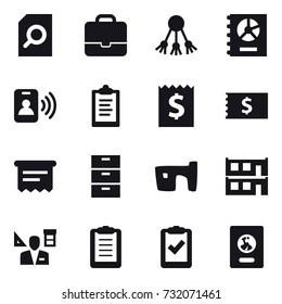 16 vector icon set : search document, portfolio, share, annual report, pass card, clipboard, receipt, atm receipt, slum, modular house, architector, passport