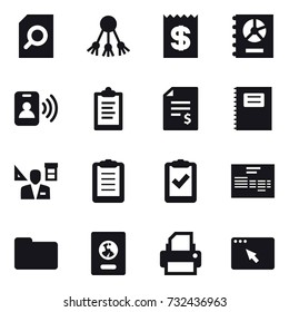 16 vector icon set : search document, share, receipt, annual report, pass card, clipboard, account balance, copybook, architector, passport