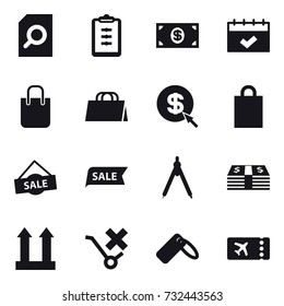 16 vector icon set : search document, clipboard, money, calendar, shopping bag, dollar arrow, sale, drawing compass, ticket