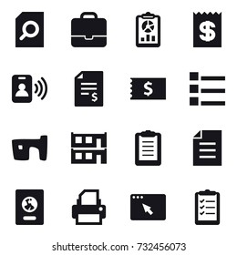 16 vector icon set : search document, portfolio, report, receipt, pass card, account balance, list, slum, modular house, passport, clipboard list