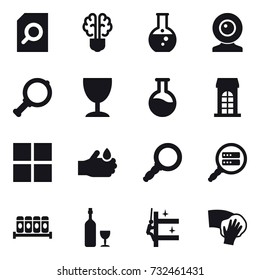 16 vector icon set : search document, bulb brain, round flask, web cam, magnifier, wineglass, building, window, wine, skyscrapers cleaning, wiping