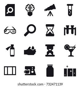 16 vector icon set : search document, bulb brain, telescope, vial, smart glasses, cocktail, window, clean  window
