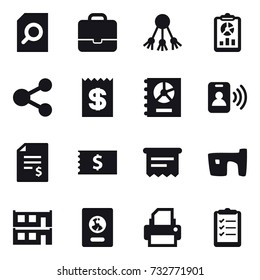 16 vector icon set : search document, portfolio, share, report, receipt, annual report, pass card, account balance, atm receipt, slum, modular house, passport, clipboard list