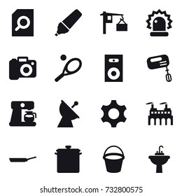 16 vector icon set : search document, marker, camera, tennis, speaker, mixer, coffee maker, satellite antenna, pan, bucket, water tap sink