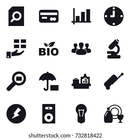 16 vector icon set : search document, card, graph, clock, gift, bio, group, baggage checking, suitcase, electricity, speaker, dish cleanser