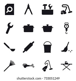16 vector icon set : search document, drawing compass, repair tools, vacuum cleaner, pan, handle scales, ladle, rolling pin, bucket, broom, rake, blower, iron board