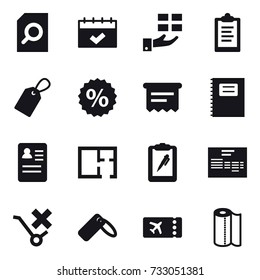 16 vector icon set : search document, calendar, gift, clipboard, label, percent, atm receipt, copybook, plan, ticket, paper towel