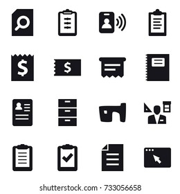 16 vector icon set : search document, clipboard, pass card, receipt, atm receipt, copybook, slum, architector