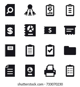 16 vector icon set : search document, share, report, clipboard, receipt, annual report, atm receipt, copybook, passport, clipboard list