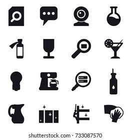 16 vector icon set : search document, message, web cam, cocktail, bulb, coffee maker, jug, clean  window, skyscrapers cleaning, wiping