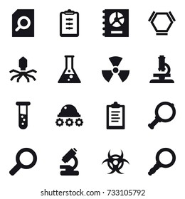 16 vector icon set : search document, clipboard, annual report, hex molecule, virus, flask, nuclear, microscope, vial, lunar rover, magnifier