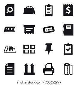 16 vector icon set : search document, shopping bag, clipboard, receipt, sale, atm receipt, ticket, copybook, project, panel house, paper towel