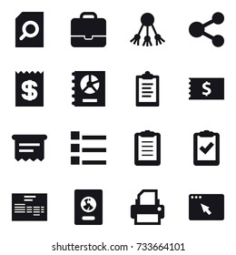 16 vector icon set : search document, portfolio, share, receipt, annual report, clipboard, atm receipt, list, passport