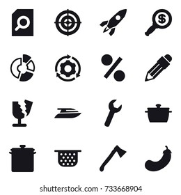 16 vector icon set : search document, target, rocket, dollar magnifier, circle diagram, around gear, percent, pencil, yacht, pan, colander, axe, eggplant