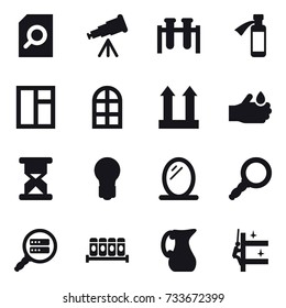 16 vector icon set : search document, telescope, window, arch window, bulb, mirror, jug, skyscrapers cleaning