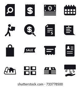 16 vector icon set : search document, receipt, money, calendar, courier, dollar arrow, account balance, shopping list, shopping bag, sale, atm receipt, project, panel house, hand dryer