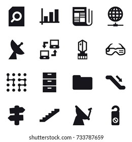 16 vector icon set : search document, graph, newspaper, globe connect, satellite antenna, notebook connect, crystall  memory, smart glasses, chip, escalator, signpost, stairs, do not distrub