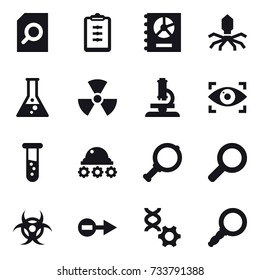 16 vector icon set : search document, clipboard, annual report, virus, flask, nuclear, microscope, eye identity, vial, lunar rover, magnifier