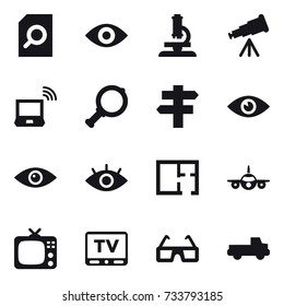 16 vector icon set : search document, eye, microscope, telescope, notebook wireless, magnifier, singlepost, plan, tv, pickup
