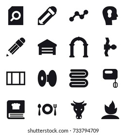 16 vector icon set : search document, pencil, graph, bulb head, garage, arch, window, towel, cow, sprouting
