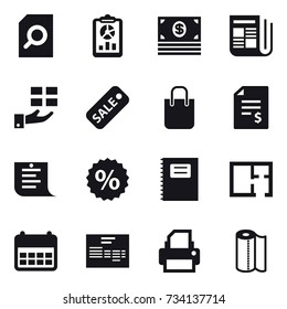 16 vector icon set : search document, report, money, newspaper, gift, sale, shopping bag, account balance, shopping list, percent, copybook, plan, paper towel