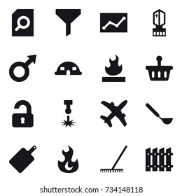 16 vector icon set : search document, funnel, statistic, crystall  memory, dome house, unlocked, ladle, cutting board, rake, fence