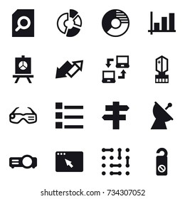 16 vector icon set : search document, circle diagram, graph, presentation, up down arrow, notebook connect, crystall  memory, smart glasses, list, singlepost, satellite antenna, do not distrub