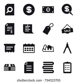 16 vector icon set : search document, dollar, money, dollar arrow, account balance, shopping list, label, sale, atm receipt, calendar, project, drawing compass, towels, clipboard list