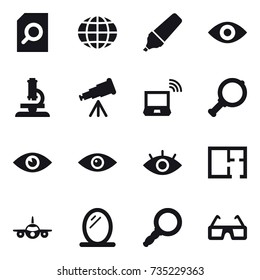 16 vector icon set : search document, globe, marker, eye, microscope, telescope, notebook wireless, magnifier, plan, mirror