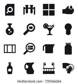 16 vector icon set : search document, window, cocktail, bulb, measuring cup, jug, skyscapers cleaning, wiping